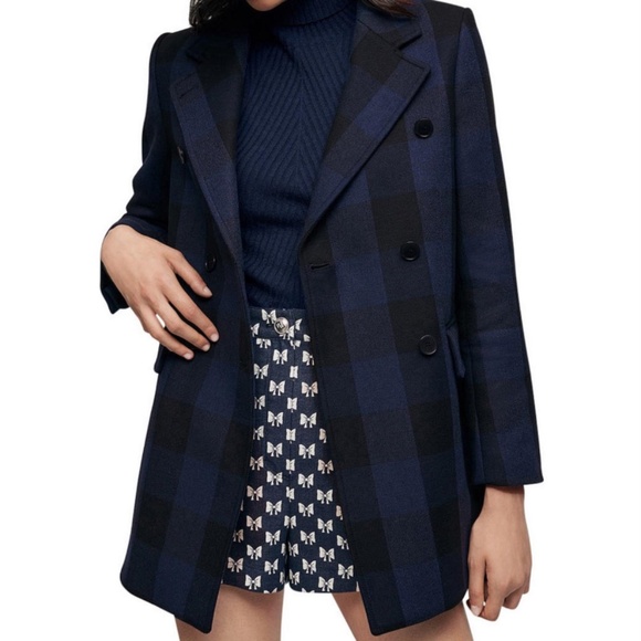 NWT $525 MAJE GOLDAN COAT in a Black / Navy Checkered Print - size 34 / US XS! - Picture 8 of 9